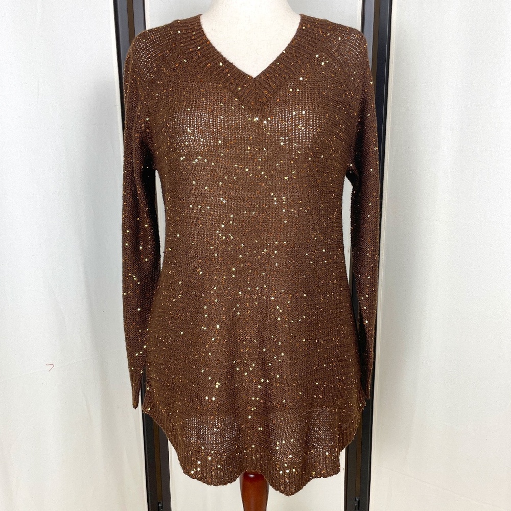 Soft Surroundings Sheer Sequined Sweater Gold Brown Copper Size M